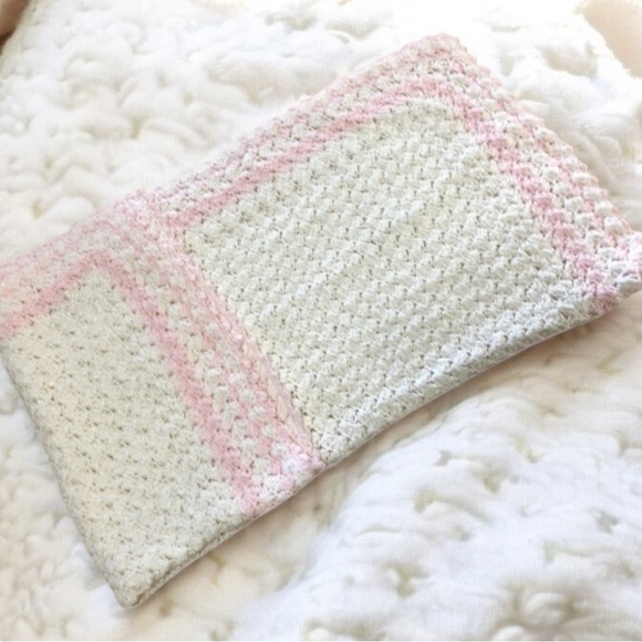 Vintage Pink White Afghan Blanket Throw 36" x 36" Baby Afghan Handmade - Picture 1 of 5